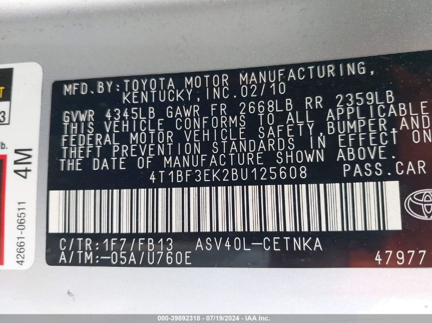 2011 Toyota Camry Le VIN: 4T1BF3EK2BU125608 Lot: 39892318