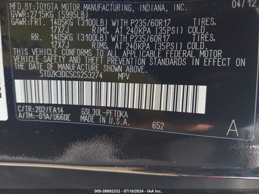 2012 Toyota Sienna Base V6 7 Passenger VIN: 5TDZK3DC5CS253274 Lot: 39892332