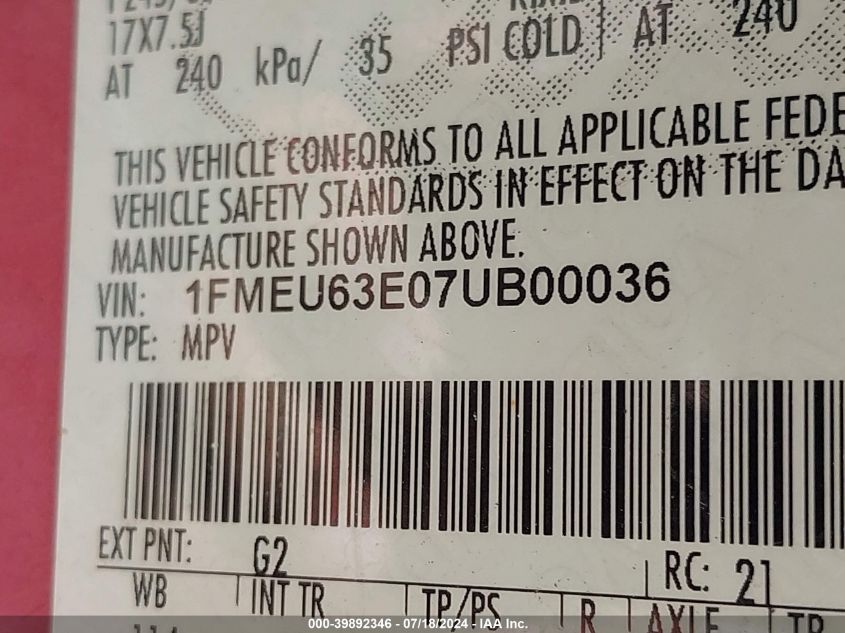 2007 Ford Explorer Xlt VIN: 1FMEU63E07UB00036 Lot: 39892346
