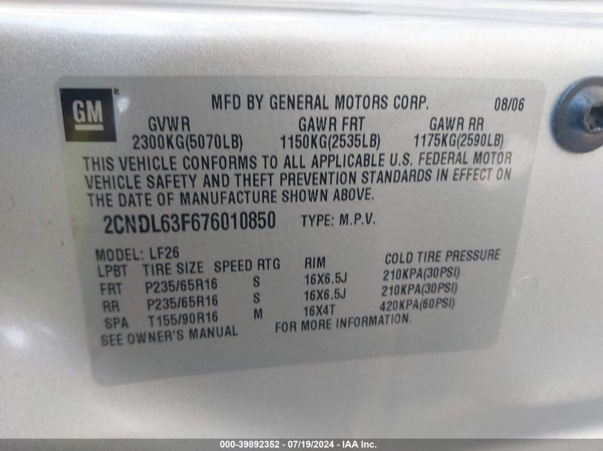 2CNDL63F676010850 2007 Chevrolet Equinox Lt