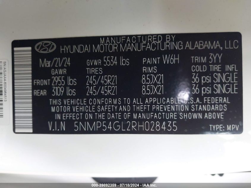 2024 Hyundai Santa Fe Calligraphy VIN: 5NMP54GL2RH028435 Lot: 39892359