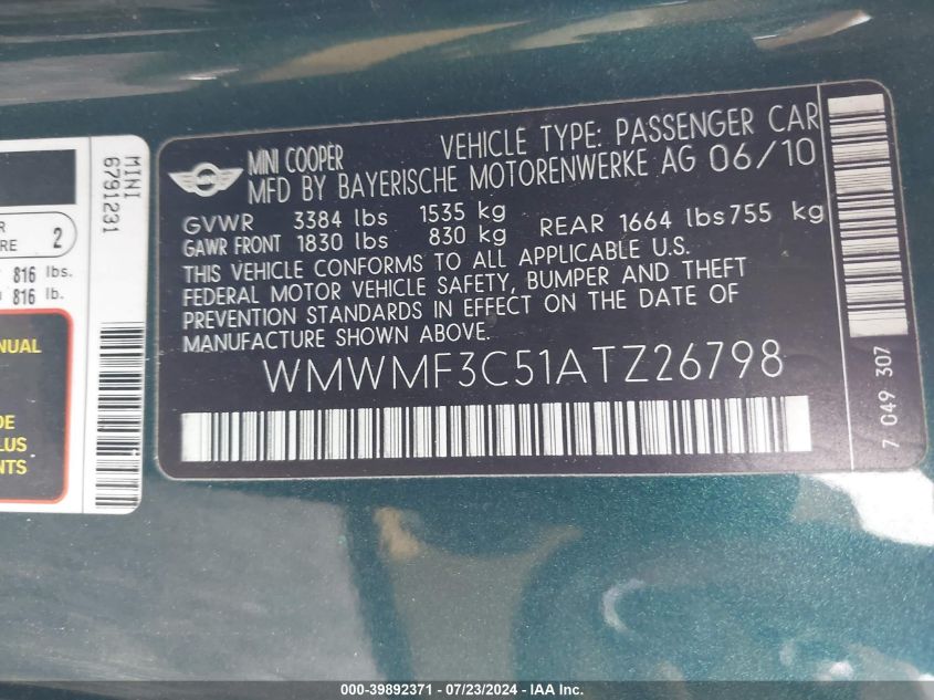 2010 Mini Cooper VIN: WMWMF3C51ATZ26798 Lot: 39892371