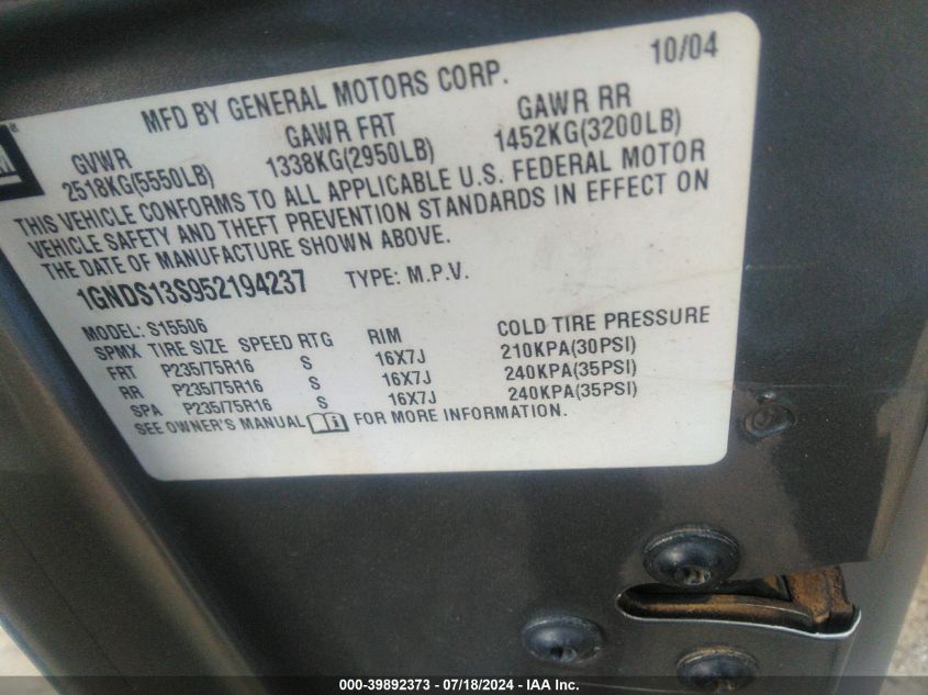 2005 Chevrolet Trailblazer Ls VIN: 1GNDS13S952194237 Lot: 39892373