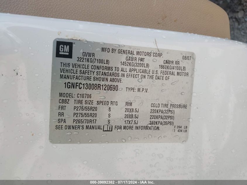 2008 Chevrolet Tahoe Ltz VIN: 1GNFC13008R120690 Lot: 39892382