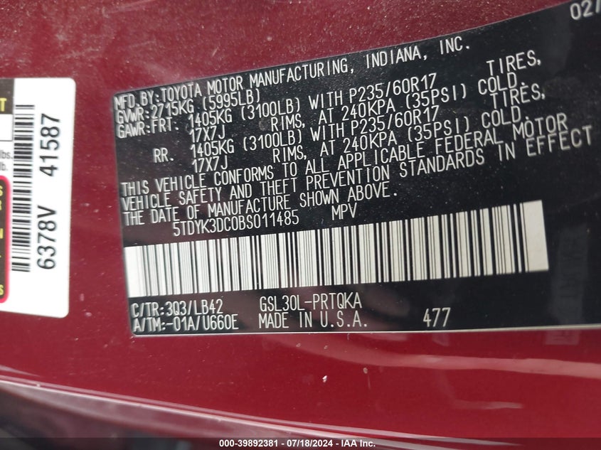 2011 Toyota Sienna Xle V6 VIN: 5TDYK3DC0BS011485 Lot: 39892381