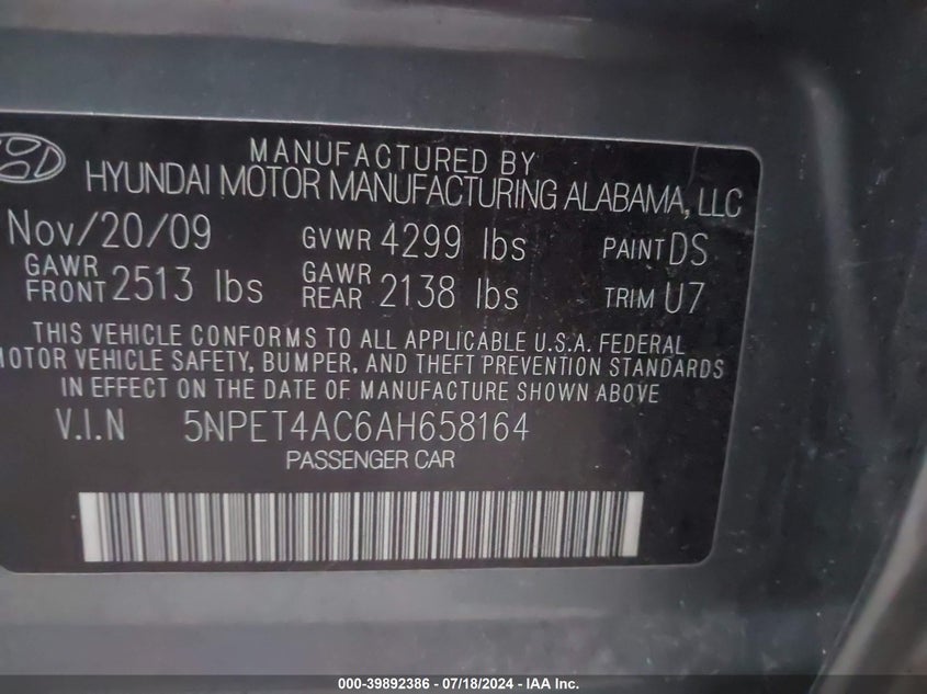 2010 Hyundai Sonata Gls VIN: 5NPET4AC6AH658164 Lot: 39892386