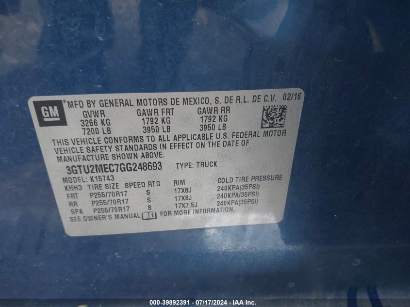2016 GMC Sierra 1500 Sle VIN: 3GTU2MEC7GG248693 Lot: 39892391