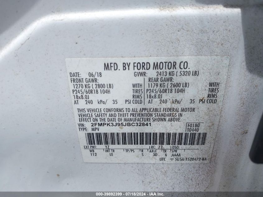 2018 Ford Edge Sel VIN: 2FMPK3J95JBC32841 Lot: 39892399