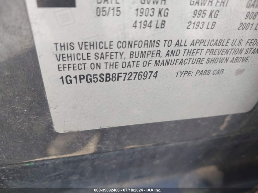 2015 Chevrolet Cruze Ltz VIN: 1G1PG5SB8F7276974 Lot: 39892408