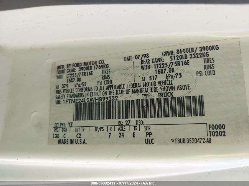 1998 Ford E-250 Commercial/Recreational VIN: 1FTNE24L2WHB99232 Lot: 39892411
