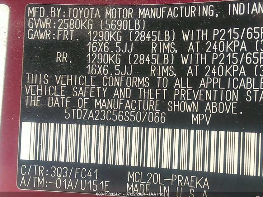 2006 Toyota Sienna Le VIN: 5TDZA23C56S507066 Lot: 39892421