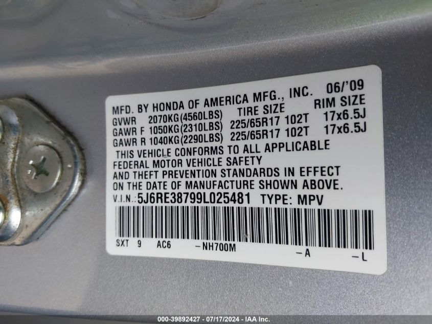 2009 Honda Cr-V Ex-L VIN: 5J6RE38799L025481 Lot: 39892427