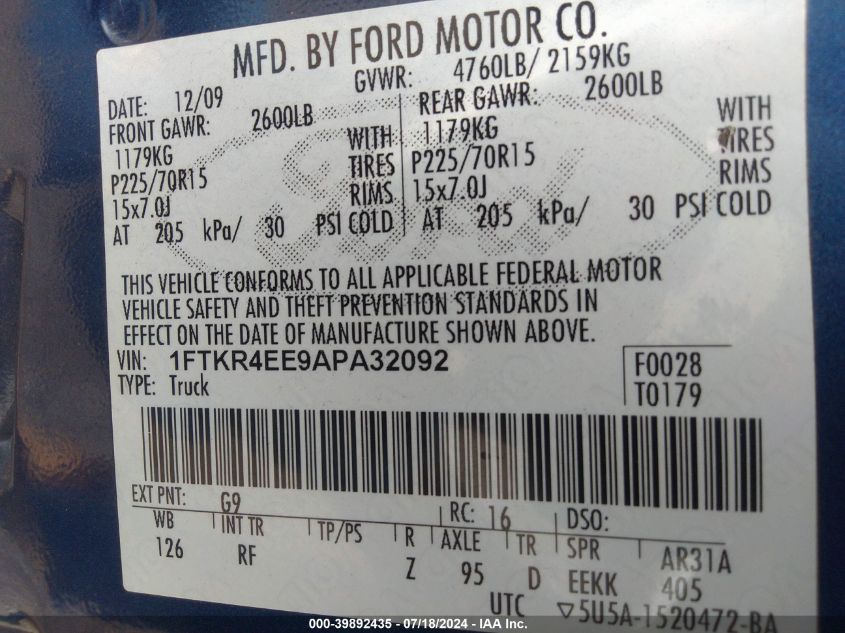 2010 Ford Ranger Sport/Xlt VIN: 1FTKR4EE9APA32092 Lot: 39892435