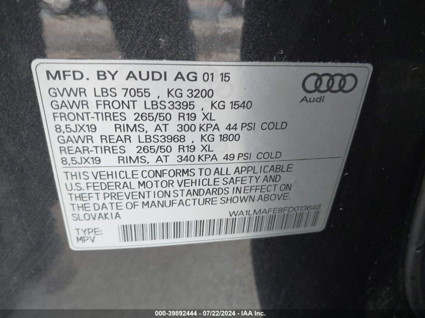 2015 Audi Q7 3.0 Tdi Premium VIN: WA1LMAFE8FD013648 Lot: 39892444