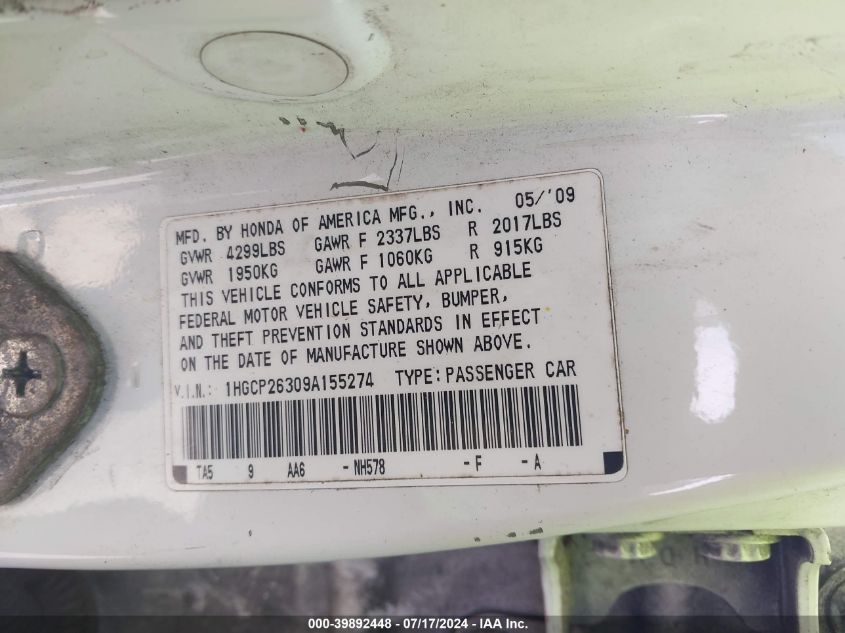 2009 Honda Accord 2.4 Lx VIN: 1HGCP26309A155274 Lot: 39892448