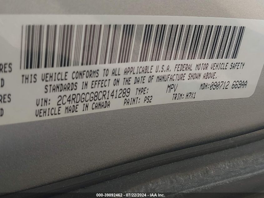 2012 Dodge Grand Caravan Sxt VIN: 2C4RDGCG8CR141289 Lot: 39892462
