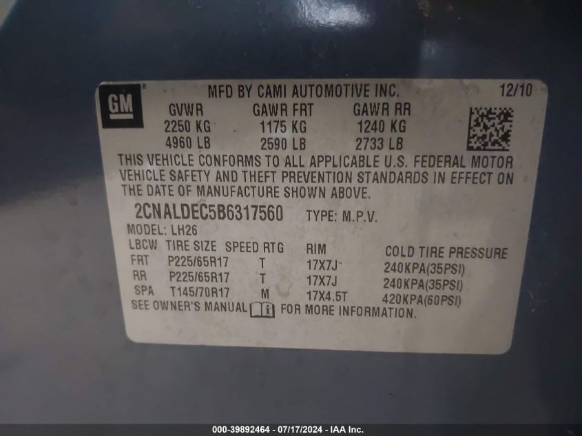 2011 Chevrolet Equinox Lt VIN: 2CNALDEC5B6317560 Lot: 39892464