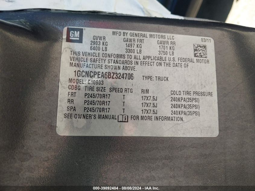 2011 Chevrolet Silverado 1500 Work Truck VIN: 1GCNCPEA6BZ324706 Lot: 39892484