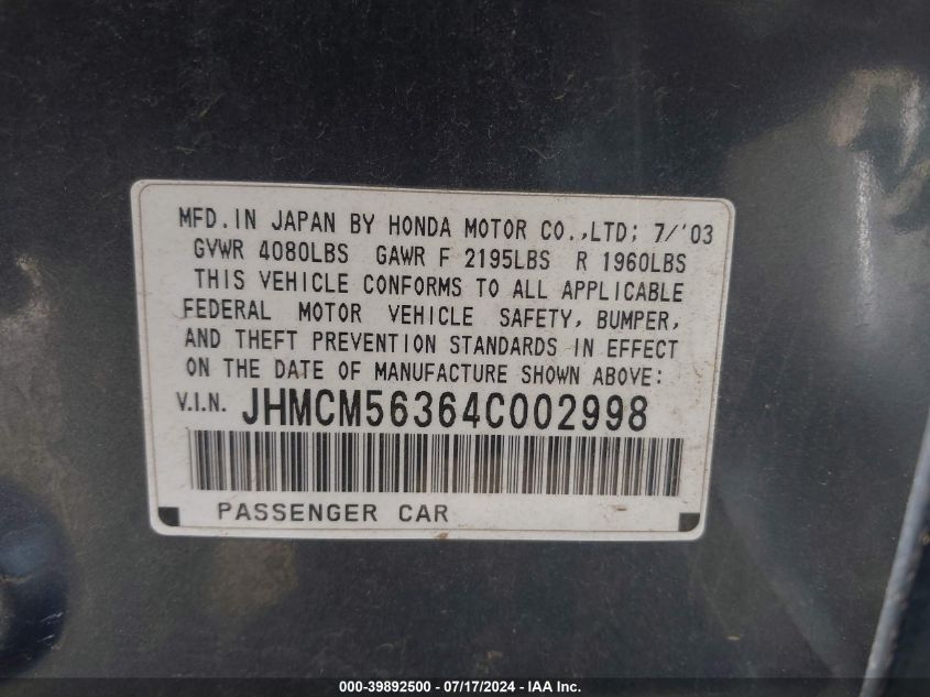 2004 Honda Accord 2.4 Lx VIN: JHMCM56364C002998 Lot: 39892500