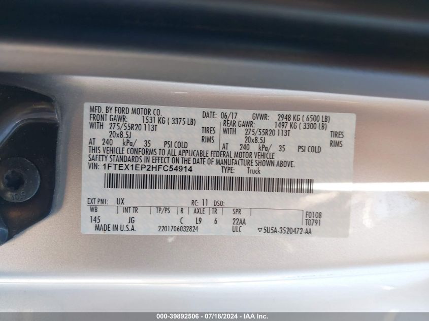2017 Ford F-150 Xl VIN: 1FTEX1EP2HFC54914 Lot: 39892506