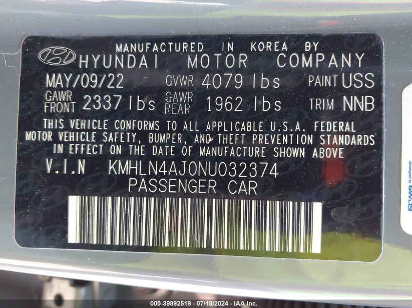 2022 Hyundai Elantra Hybrid Limited VIN: KMHLN4AJ0NU032374 Lot: 39892519