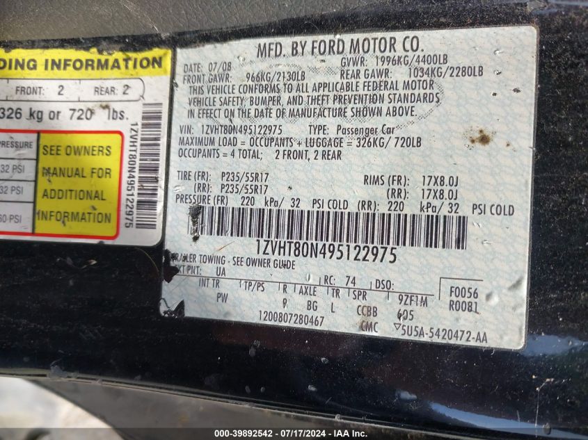 2009 Ford Mustang V6/V6 Premium VIN: 1ZVHT80N495122975 Lot: 39892542