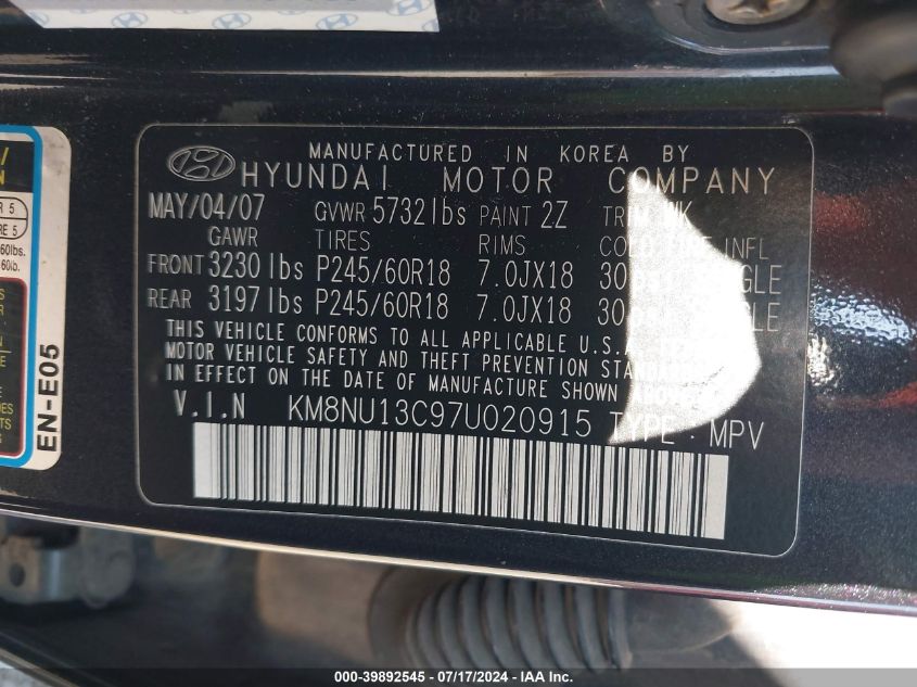 KM8NU13C97U020915 2007 Hyundai Veracruz Gls/Limited/Se