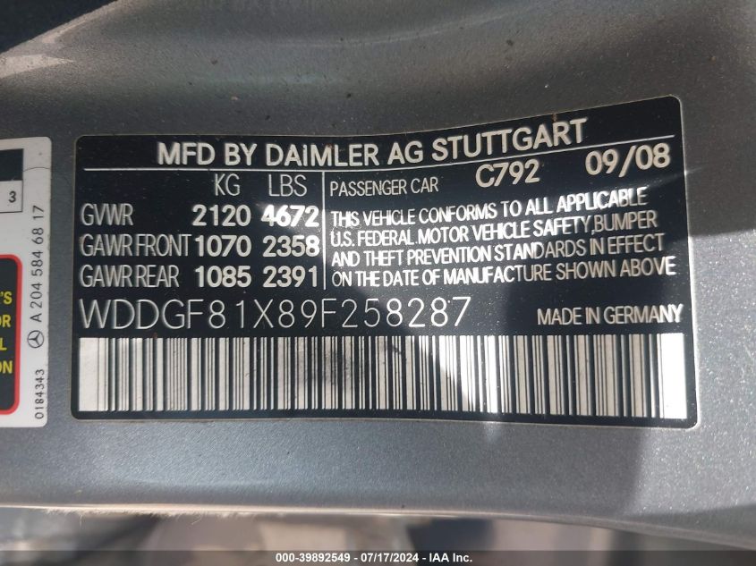 2009 Mercedes-Benz C 300 Luxury 4Matic/Sport 4Matic VIN: WDDGF81X89F258287 Lot: 39892549