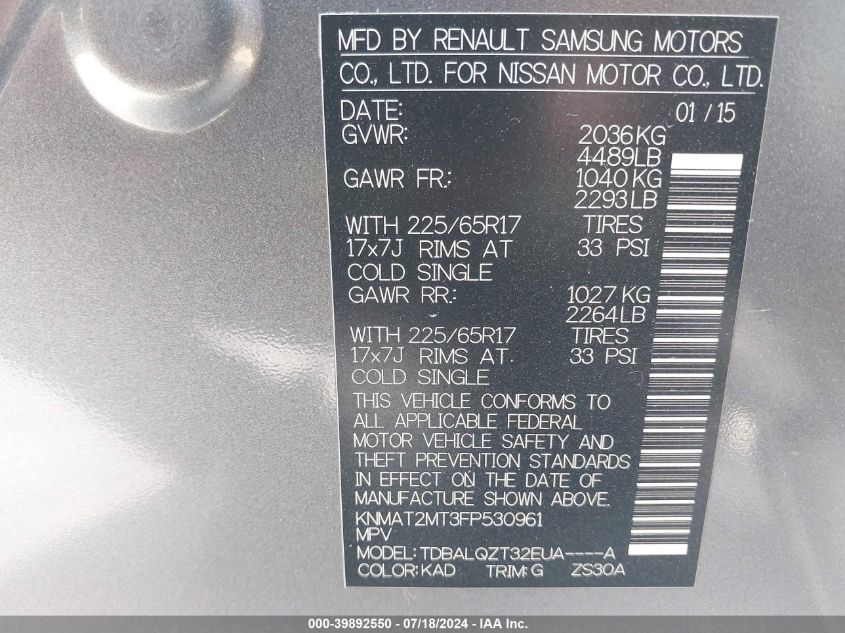 2015 Nissan Rogue Sv VIN: KNMAT2MT3FP530961 Lot: 39892550