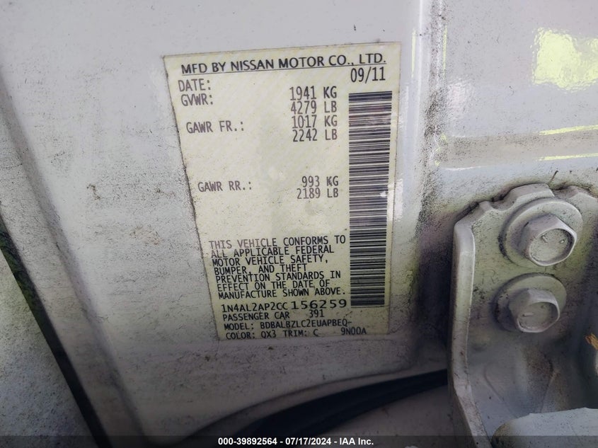 1N4AL2AP2CC156259 2012 Nissan Altima 2.5 S