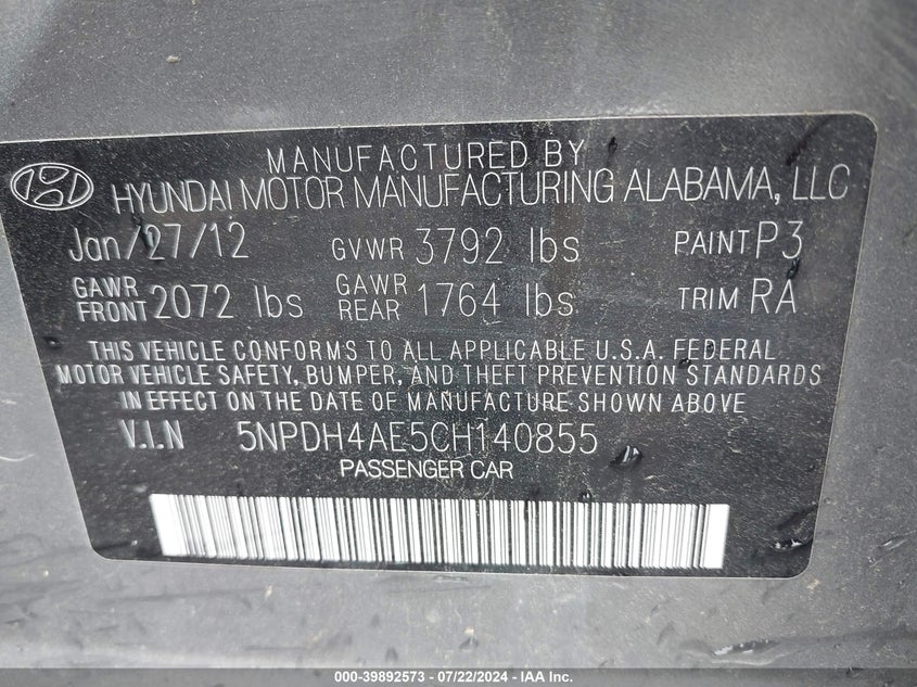 2012 Hyundai Elantra Gls VIN: 5NPDH4AE5CH140855 Lot: 39892573