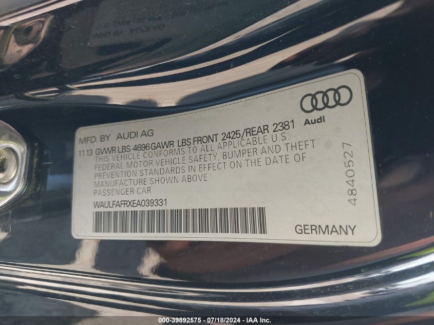 2014 Audi A5 2.0T Premium VIN: WAULFAFRXEA039331 Lot: 39892575