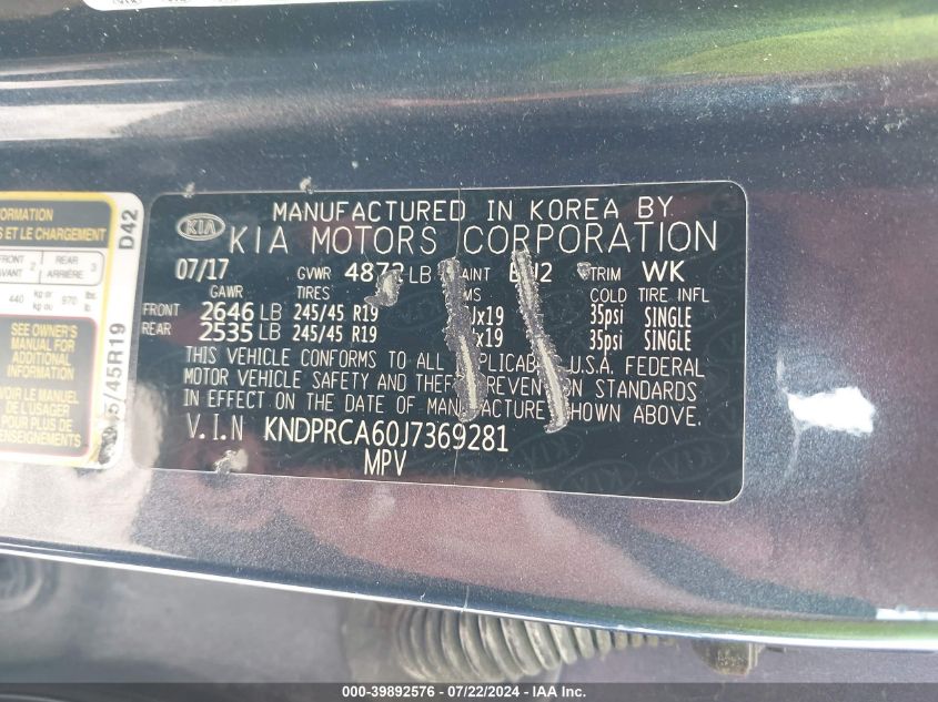 2018 Kia Sportage Sx Turbo VIN: KNDPRCA60J7369281 Lot: 39892576