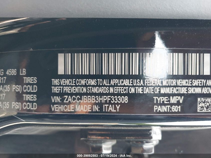 2017 Jeep Renegade Latitude 4X4 VIN: ZACCJBBB3HPF33308 Lot: 39892583