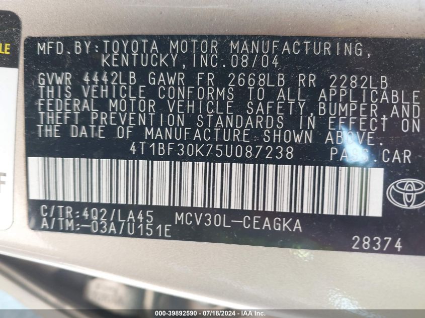 2005 Toyota Camry Xle V6 VIN: 4T1BF30K75U087238 Lot: 39892590