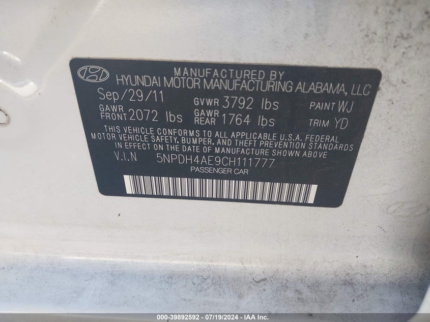 2012 Hyundai Elantra Gls/Limited VIN: 5NPDH4AE9CH111777 Lot: 39892592