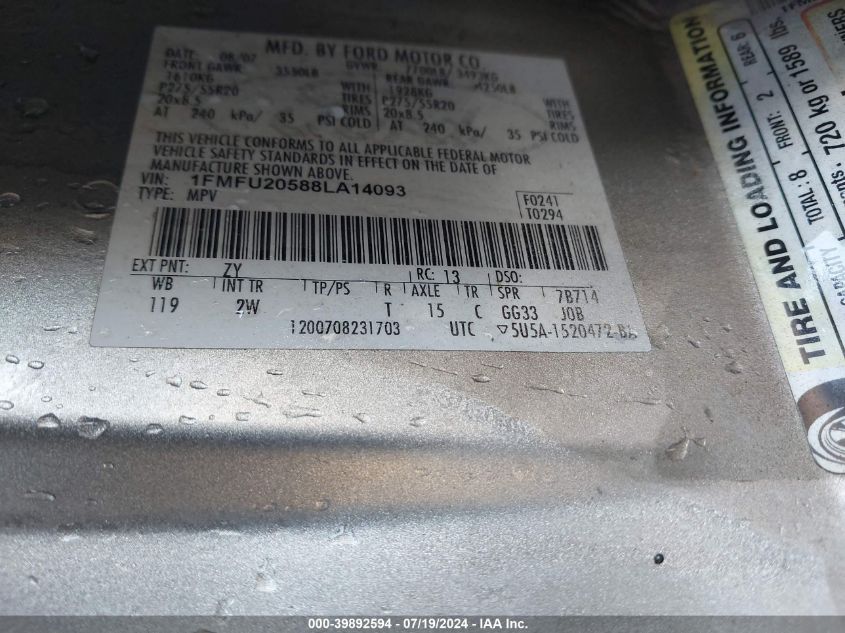 2008 Ford Expedition Limited VIN: 1FMFU20588LA14093 Lot: 39892594