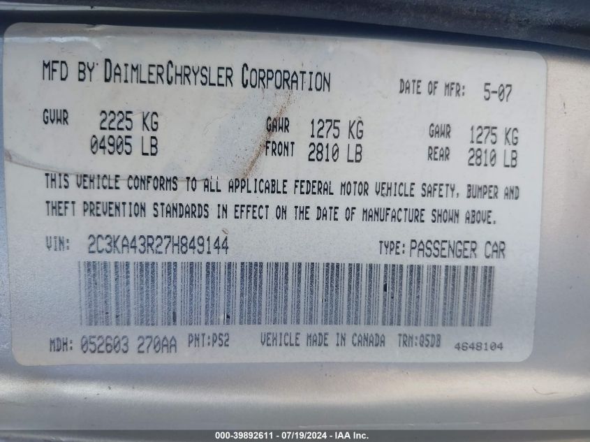 2007 Chrysler 300 VIN: 2C3KA43R27H849144 Lot: 39892611
