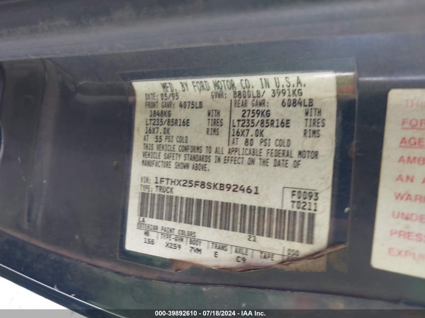 1995 Ford F250 VIN: 1FTHX25F8SKB92461 Lot: 39892610