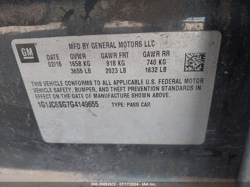 2016 Chevrolet Sonic Lt Auto VIN: 1G1JC6SG7G4149655 Lot: 39892632