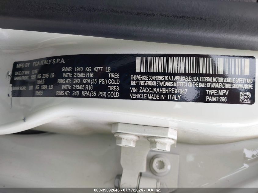 2017 Jeep Renegade Sport VIN: ZACCJAAH8HPE97647 Lot: 39892645