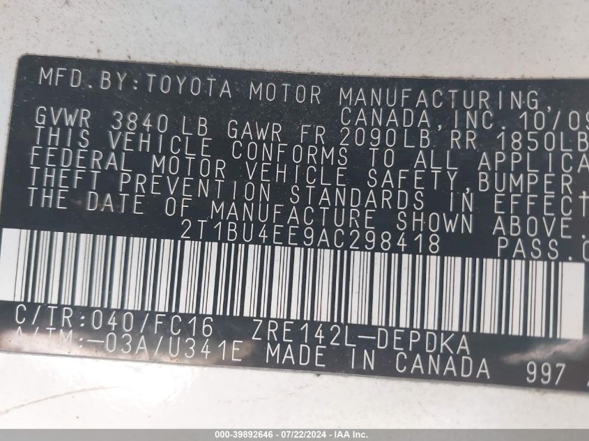 2010 Toyota Corolla Le VIN: 2T1BU4EE9AC298418 Lot: 39892646