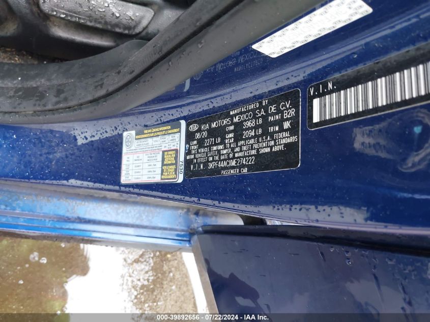 2021 Kia Forte Gt VIN: 3KPF44ACXM274222 Lot: 39892656