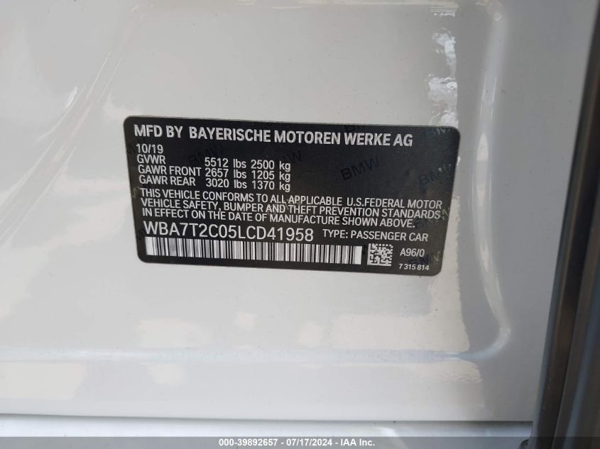 2020 BMW 740I VIN: WBA7T2C05LCD41958 Lot: 39892657