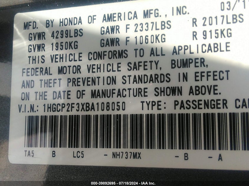 2011 Honda Accord 2.4 Lx VIN: 1HGCP2F3XBA108050 Lot: 39892695