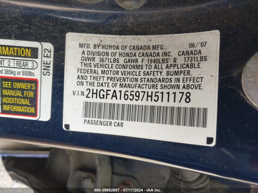 2007 Honda Civic Lx VIN: 2HGFA16597H511178 Lot: 39892697