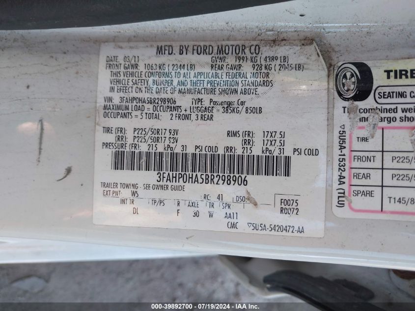 2011 Ford Fusion Se VIN: 3FAHP0HA5BR298906 Lot: 39892700