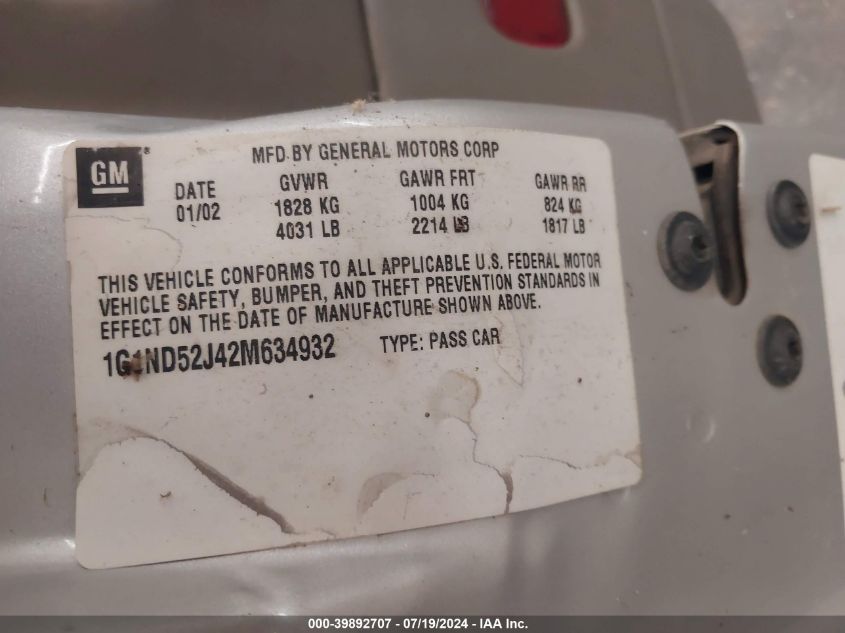 2002 Chevrolet Malibu VIN: 1G1ND52J42M634932 Lot: 39892707