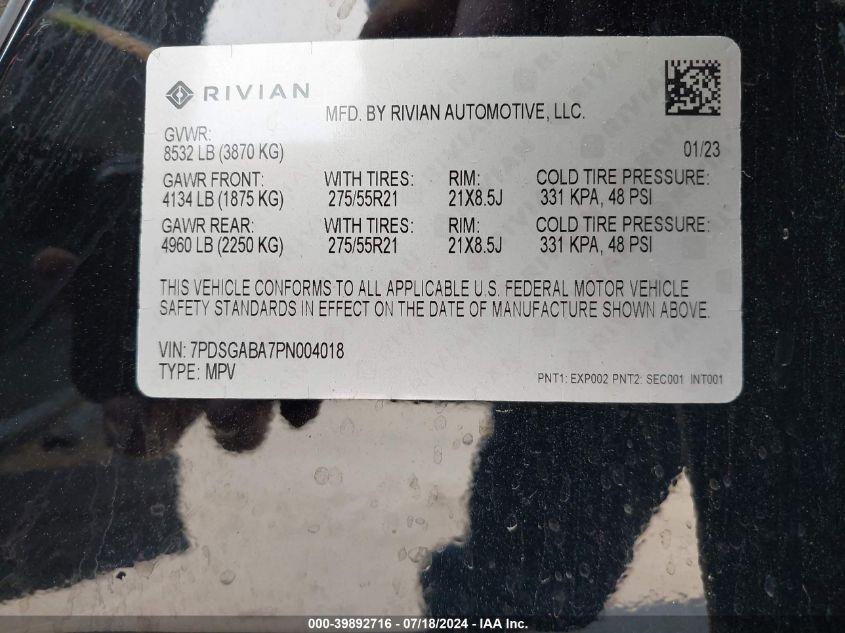 2023 Rivian R1S Adventure VIN: 7PDSGABA7PN004018 Lot: 39892716