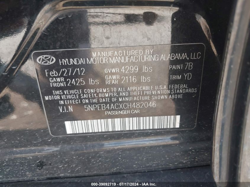 5NPEB4ACXCH482046 2012 Hyundai Sonata Gls